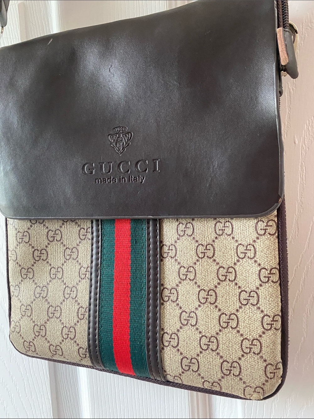 Gucci Brown Leather Beige GG Canvas Messenger Bag Green Red Unisex